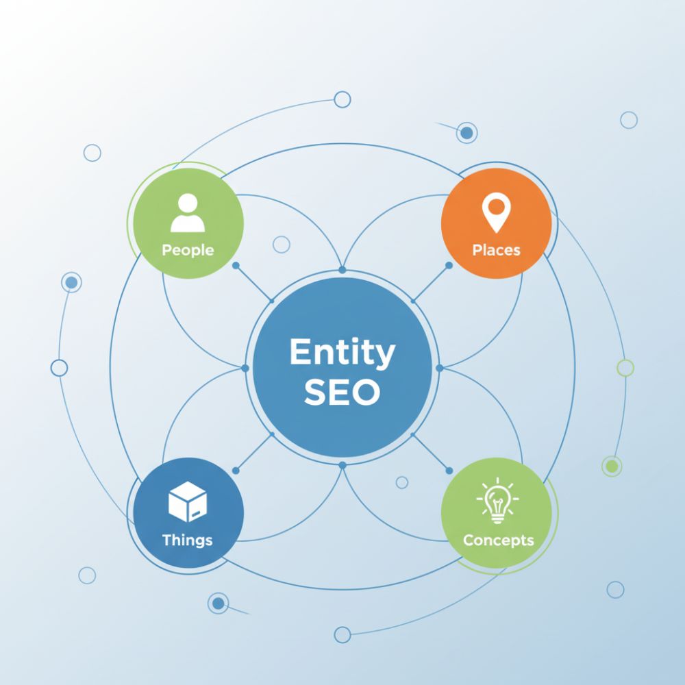 Visual diagram showing Entity SEO connecting “Italian restaurants” with “New York City” using Knowledge Graph and entity relationships.