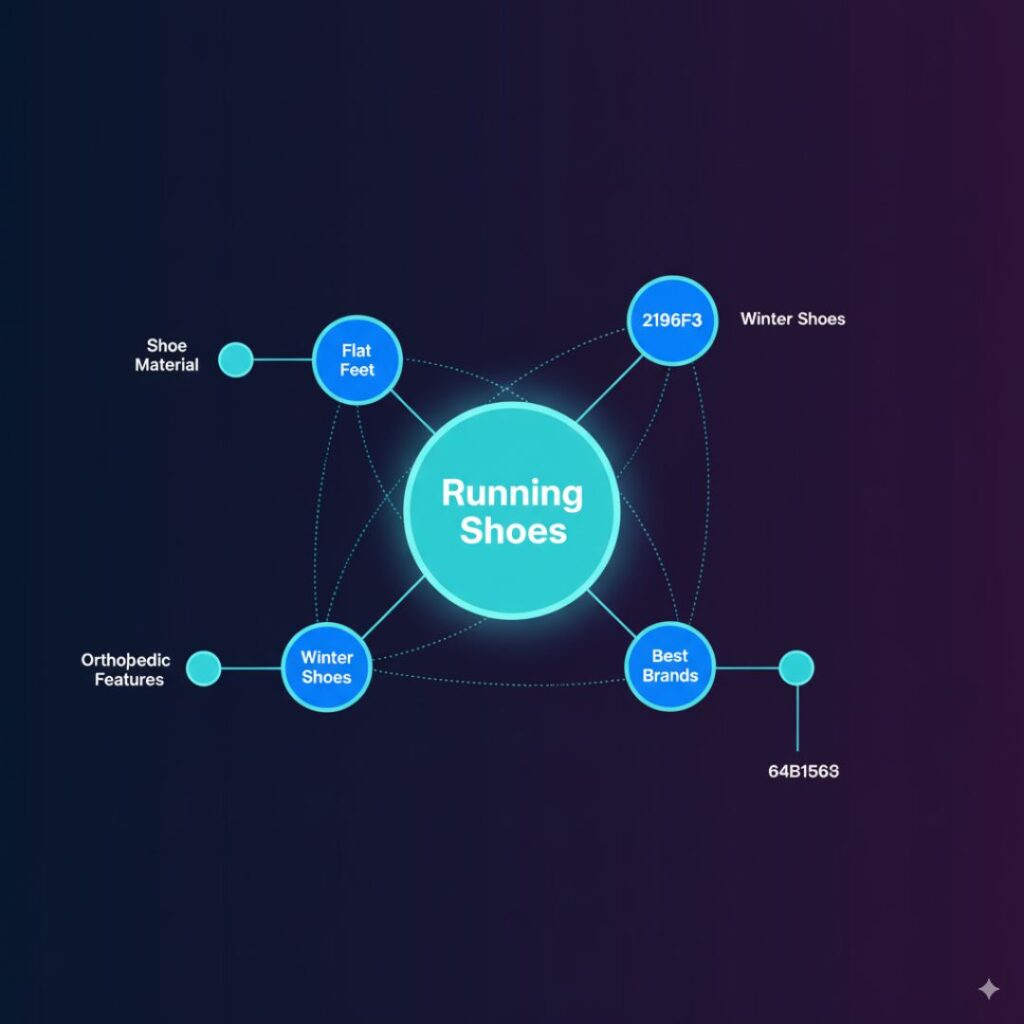 Topic cluster diagram showing a central pillar page "Running Shoes" connected to subtopics and related entities, illustrating Semantic SEO structure and internal linking.