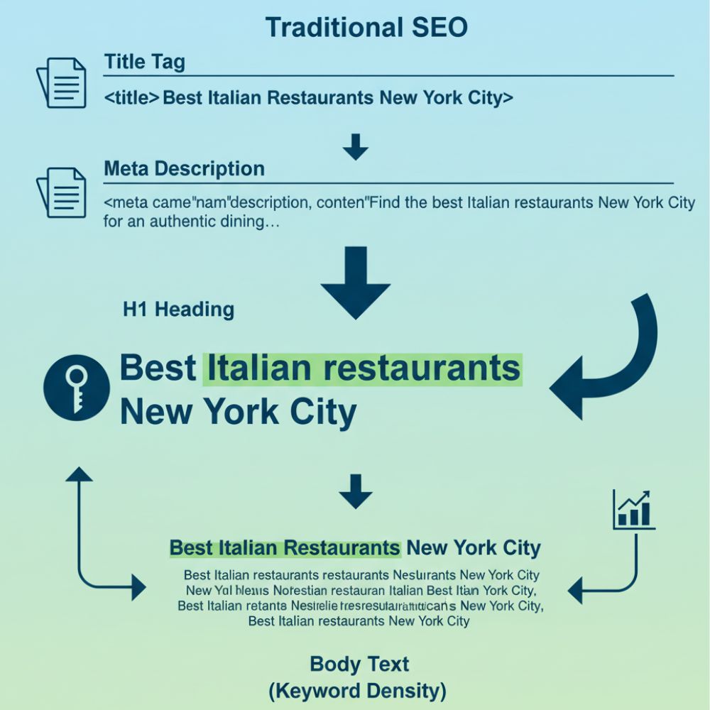 Infographic showing Traditional SEO with repeated keywords like “Best Italian restaurants New York City” in titles, meta descriptions, and headings.