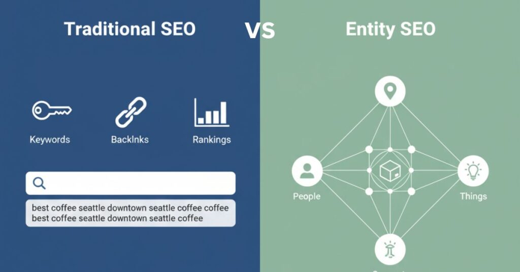 Visual comparison showing Traditional SEO with keywords/backlinks and Entity SEO with entities and Knowledge Graph connections.