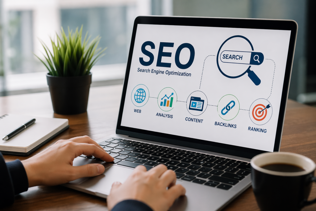 Person using a laptop showing an SEO dashboard with search, content, backlinks, analysis, and ranking icons on a desk with a notebook, plant, and coffee cup.